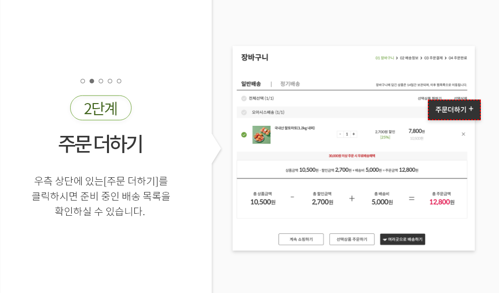 Step2. 주문 더하기 : 우측 상단에 있는[주문 더하기]를 크릭 하시면 준비 중인 배송 목록을 확인하실 수 있습니다.